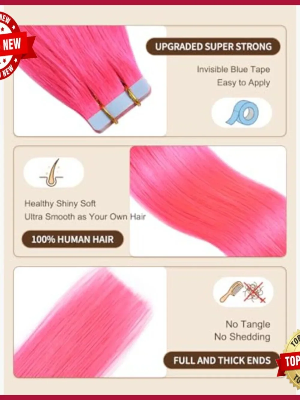 20-Inch Tape-In Human Hair Extensions, Seamless Silky Straight Salon Quality